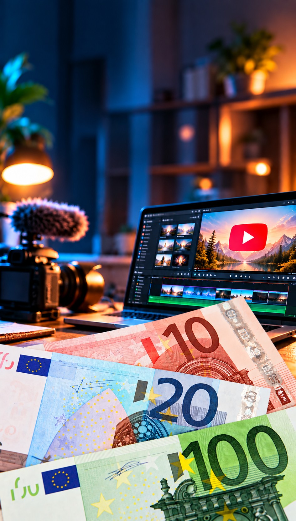 Chronologie de montage vidéo sur un ordinateur portable, à côté d'un graphique de revenus YouTube et d'étiquettes représentant les revenus publicitaires, l'affiliation, les partenariats et le travail pour des clients.